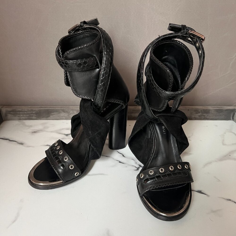 Barbara Bui Black Leather Grommet Buckle Gladiator Heels Size 37.5 - Picture 3 of 10
